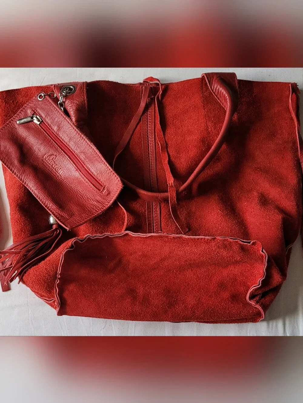 Nardelli Red Leather Tassel Hobo Shoulder Slough Bag. Medium. Boho Indie Sleaze.